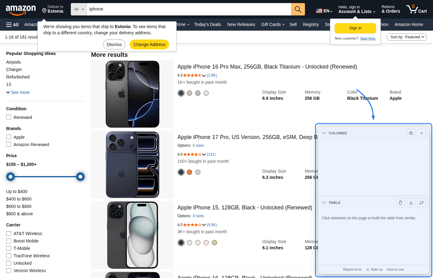Search results with the floating panel highlighted and a curved arrow pointing at it.