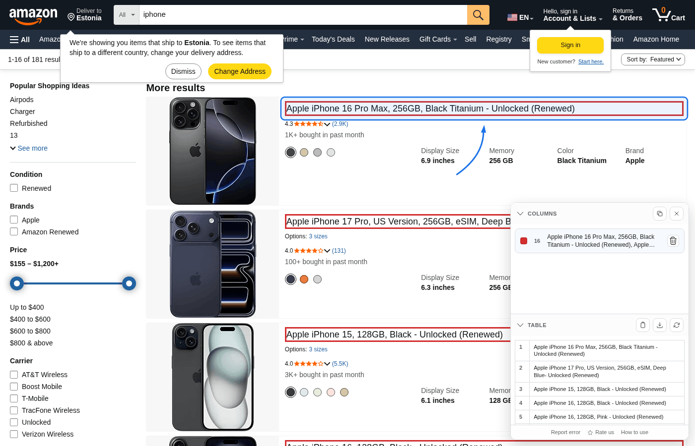 Results with highlights; target title link is boxed with a curved arrow.